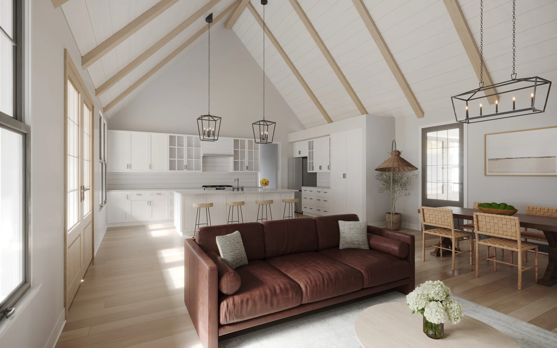 Great room with vaulted ceiling and exposed beams