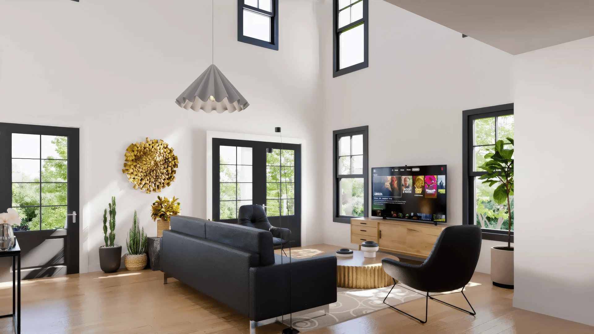 Modern living room with double-height windows