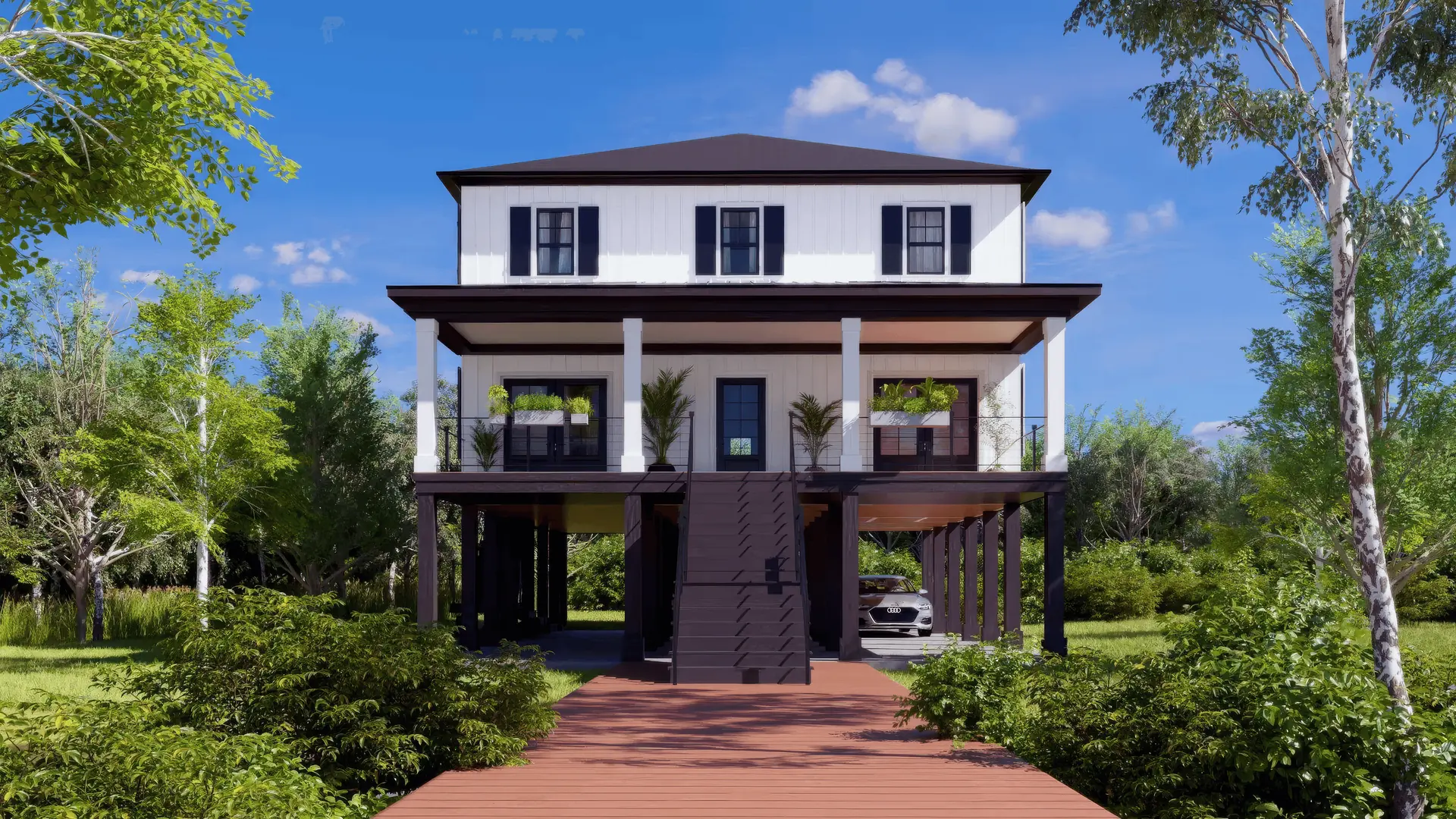 Waterfront home with covered balcony